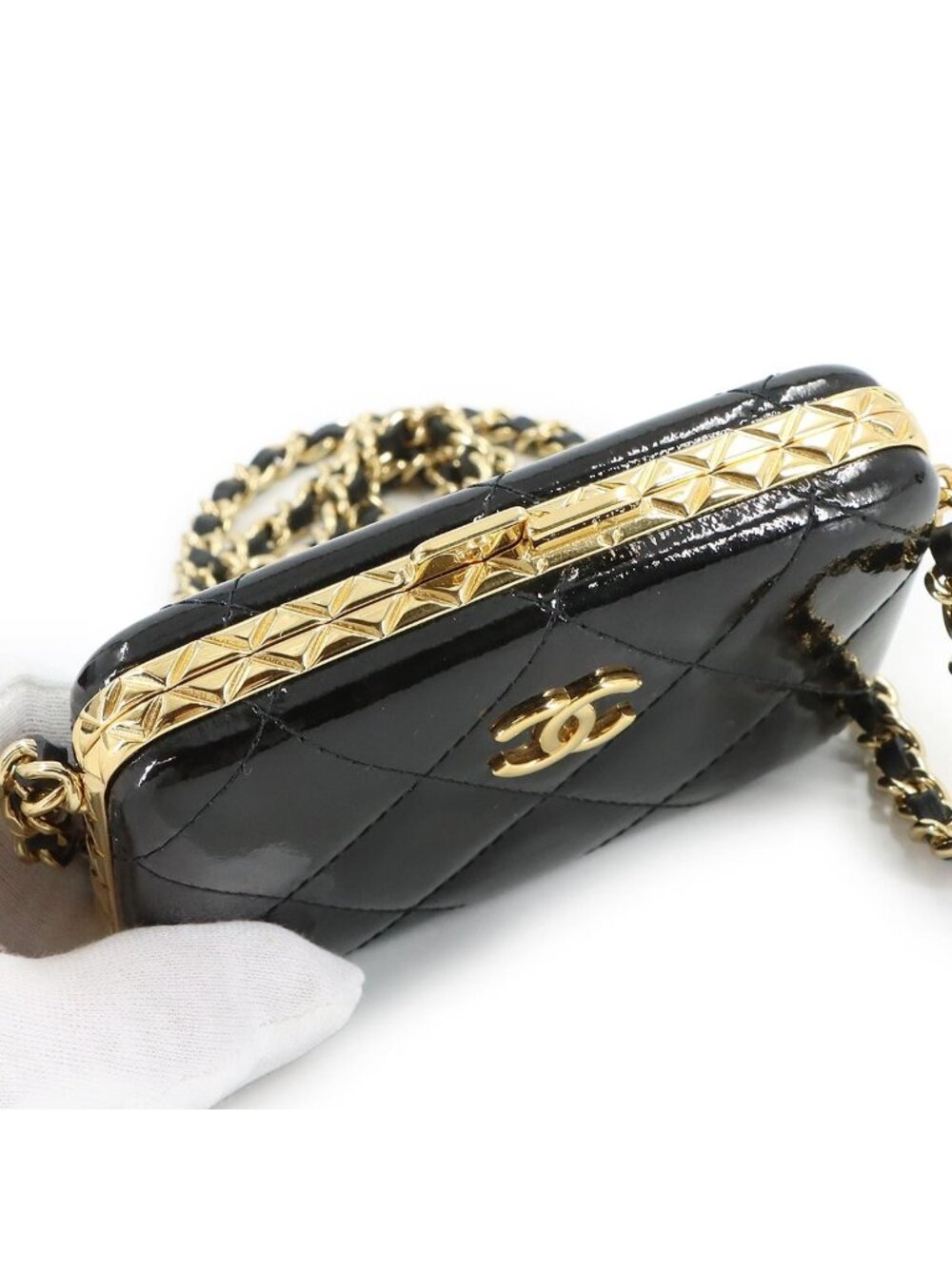 Chanel Quilted Chain Shoulder Card Case Business Holder Patent Leather Black - Picture 6 of 10